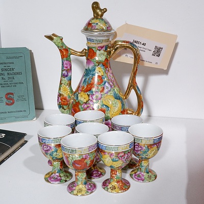 Vintage Asian Floral Teapot with Eight Goblets