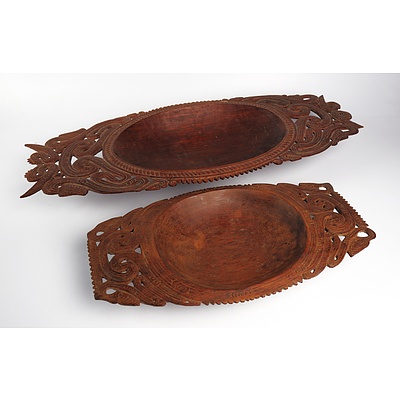 Two Trobriand Island Carved Teak Bowls with Decorated Rim (2)