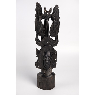 PNG Carved Ebony Totem Figurine with Mother of Pearl Inlay
