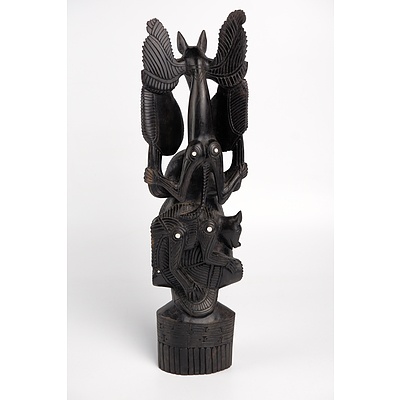 PNG Carved Ebony Totem Figurine with Mother of Pearl Inlay