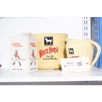 Vintage White Horse and Johnnie Walker Whiskey Jugs and a White Horse Ice Bucket