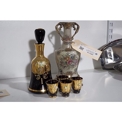Vintage Dominic Porcelain Porcelain Vase on Brass Base and a Gilded Grape Glass decanter with Glasses