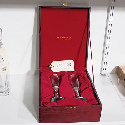 Vintage Royal Selagor Champagne Flutes in Timber Presentation Box