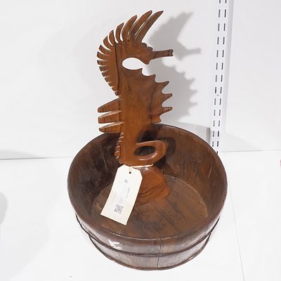 Vintage Wooden Tub with Wire Binding and a Carved Wooden Sea Horse
