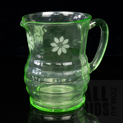 Vintage Uranium Glass Jug with Etched Floral Pattern