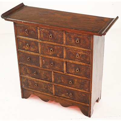 Vintage Oriental Elm 13 Drawer Cabinet with Pressed Copper Fronted Drawers and Handles