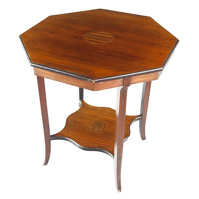 Antique Octagonal Occasional Table with Exotic Timber and Brass Stringing Inlay Circa 1920s