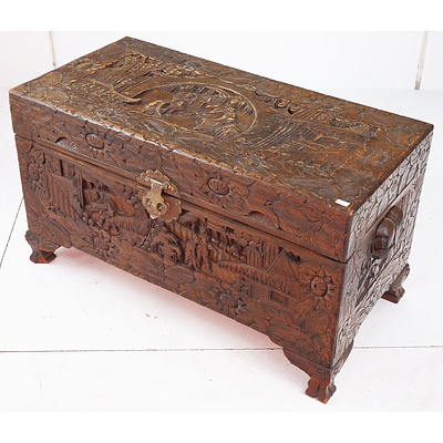 Vintage Chinese Camphorwood Chest with Heavily Carved Decoration