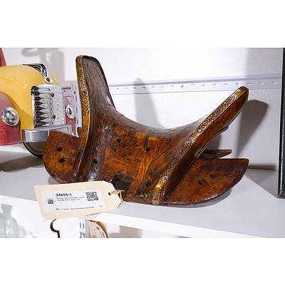 Vintage Carved Wooden Camel Saddle with Copper Trim