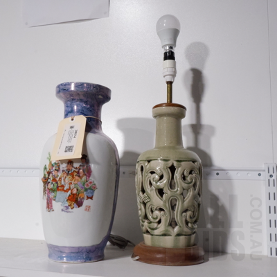 Vintage Celadon Glazed Lamp on Wooden Base and Chinese Vase Depicting a Family Gathering