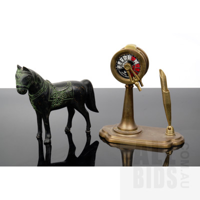 Vintage Brass Desktop Telegraph, Pen Holder, and Scandinavian Metal Horse