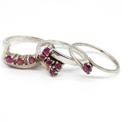 Three Sterling Silver and Round Facetted Ruby Rings