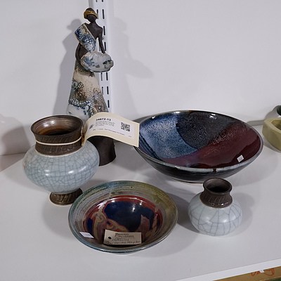 Assorted Studio Pottery Bowls, Vases and Figurine including One Tree Hill and Joy Van Der Heydon