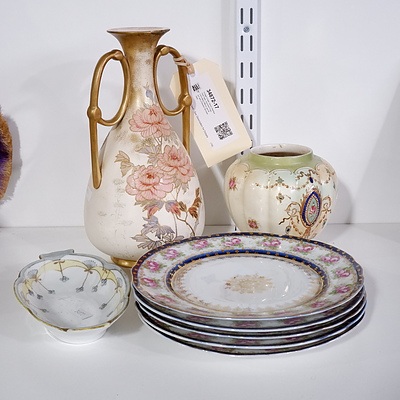 Vintage Crown Devon Handpainted Vase, Assorted Plates and a Doulton Burslem Vase