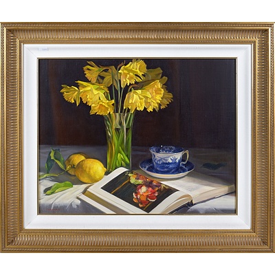 Trevor Newman, Untitled (Still Life with Daffodils and Lemons), Oil on Canvasboard