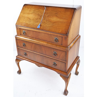 Antique Style Walnut Veneer Bureau Desk with Cabriole Legs and Fitted Interior