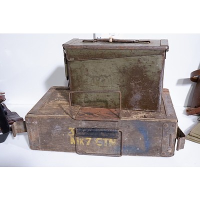 Vintage Timber Ammunition Crate with Metal Fittings and a Small Metal Ammunition Tin (2)