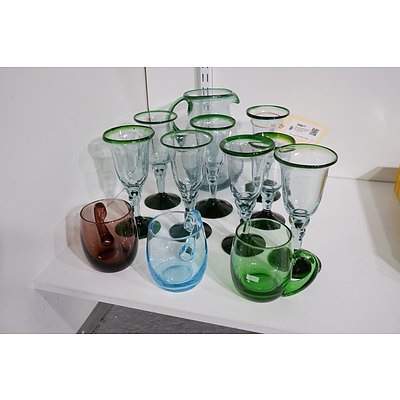 Eight Hand Blown Glass Goblets, Matching Jug and Three Coloured Cups