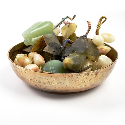 Eastern Brass Bowl with an Array of Hardstone Fruit
