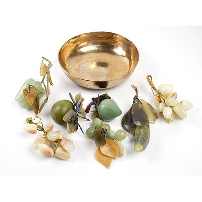 Eastern Brass Bowl with an Array of Hardstone Fruit