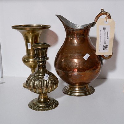 Handcrafted Copper and Brass Urn and Two Brass Vases