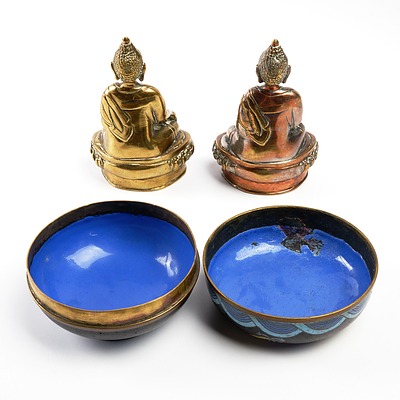 Chinese Cloisonne Lidded Bowl and a Pair of Brass Thai Deities