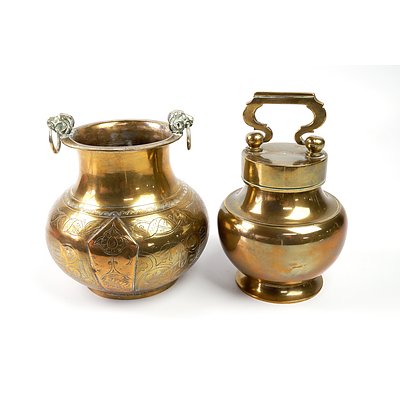 Eastern Brass Handled Canister and Etched Pot with Rams Head Handles