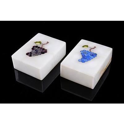 Pair of Marble Lidded Boxes with Semi Precious Gemstone Inlaid Grapes