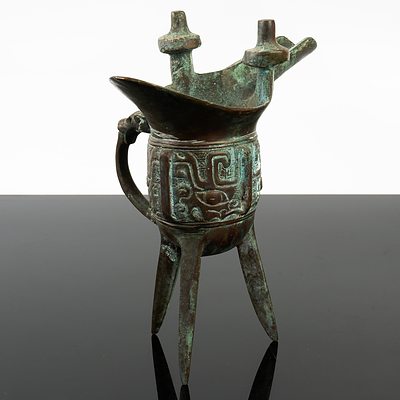 Chinese Cast Bronze Archaistic Style Tripod Wine Cup