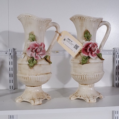 Pair of Italian Capodimonte Floral Porcelain Jugs