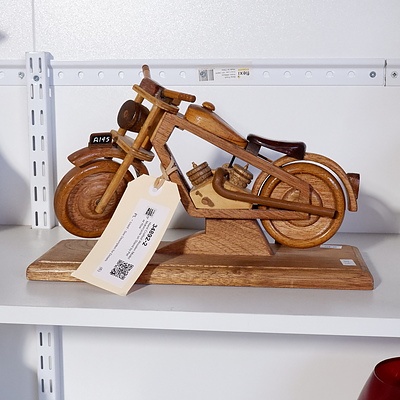 Hand Crafted Wooden Model Motorcycle on Stand by Peter Roe