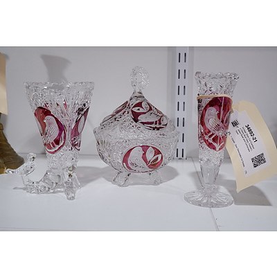 Vintage Style Cut Cranberry Glass Bud Vase, Footed Lidded Bowl and Cornucopia Vase