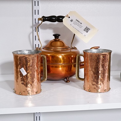 Vintage English Footed Copper & Brass Teapot and Two Handcrafted Berczi Copper Tankards