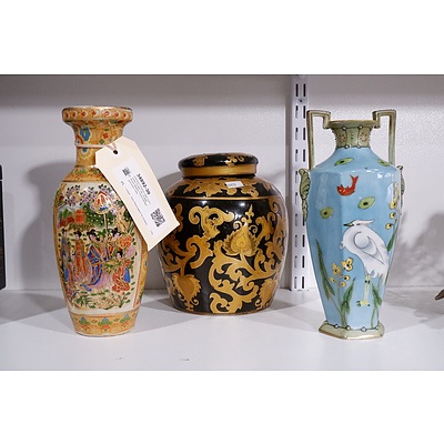 Chinese Ceramic Vase and Lidded Ginger Jar, Vintage Royal Nippon Hand Painted Porcelain Vase