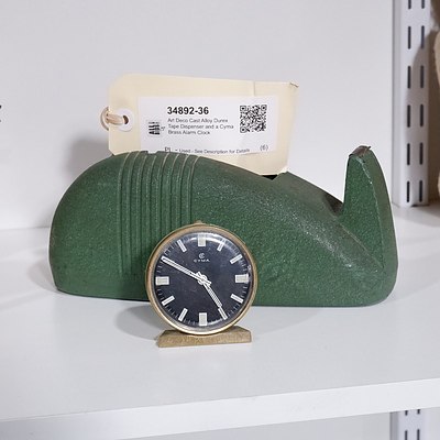 Art Deco Cast Alloy Durex Tape Dispenser and a Cyma Brass Alarm Clock