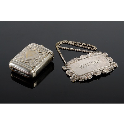 Antique DRGM German Silver Plate Vesta Case and an English Silverplate Whiskey Bottle Tag
