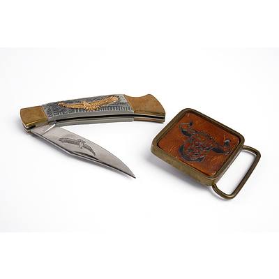 Japanese Stainless Steel Pocket Knife with Eagle Motif and a BTS Solid Brass with Leather Inlay Belt Buckle
