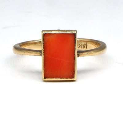 Antique 14ct Yellow Gold Ring with Square Flat Cabochon of Coral, 1.7g