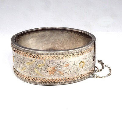 Antique Sterling Silver Hinged Cuff Bangle with 9ct Pink and Yellow Gold Inlay