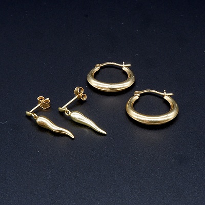 Pair of 9ct Yellow Gold Hoop Earrings, 0.75g and Another pair of 9ct Yellow Gold Earrings 0.5g