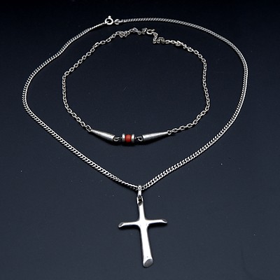 Sterling Silver Cross and Chain, 17g and a Silver and Coral Necklace, 13.2g