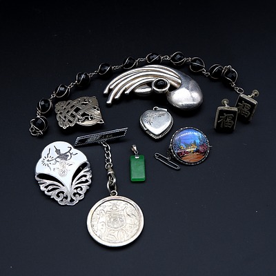 Collection of Sterling Silver Brooches and a Bracelet, Including 1966 50c Coin Brooch