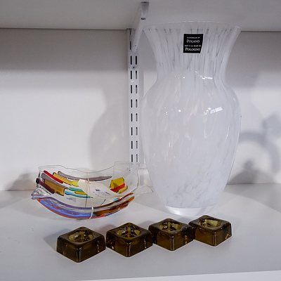 Large Contemporary White Mottled Glass Vase, Four Amber Glass Votive Holders and an Abstract Studio Glass Bowl