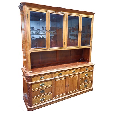 Large Vintage Hardwood Two Section Sideboard with Bevelled Glass Doors Above