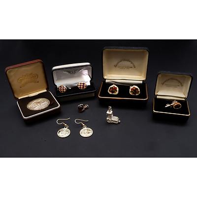 Collection of Cufflinks, Sixpence Earrings, Limited Edition Silver Plated Medallion, Claw and Glass Pendant and More