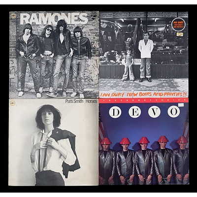 Four LP Vinyl Records Including The Ramones, Devo, Patti Smith and Ian Dury