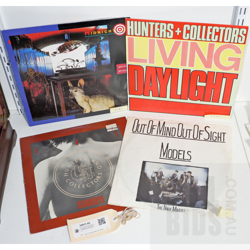 Four LP Vinyl Records Including Models, Two Hunters + Collectors and Midnight Oil