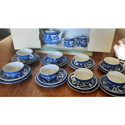 Vintage Blue and White Japanese Porcelain Children's Teaset and a Small Wooden Cupboard