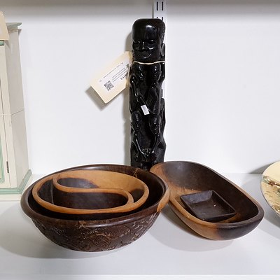 African Hand Carved Ebony Figural Sculpture and Four Various Hardwood Bowls