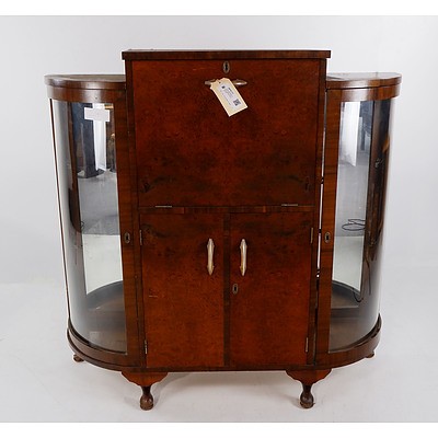 Vintage Cocktail/Drinks Cabinet in Walnut and Burr walnut Veneer with Curved Glass Sides Circa 1930s